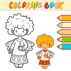Coloring book or page for kids. Christmas Angel black and white vector