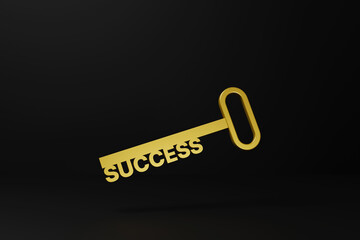 key success factor concept. Key and word success material gold on black background. 3d illustration