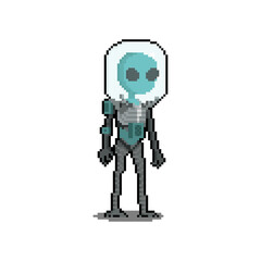 Pixel art cartoon alien with space suit character.
