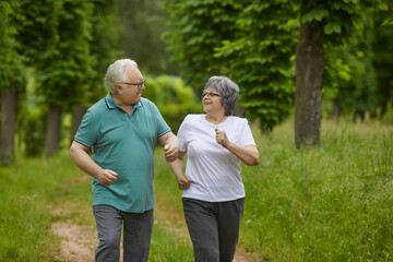Obraz premium Portrait of two happy senior people on their morning run in a green park or forest in the countryside. Energetic old man and woman in their 60s enjoying sports exercise and running workout in nature