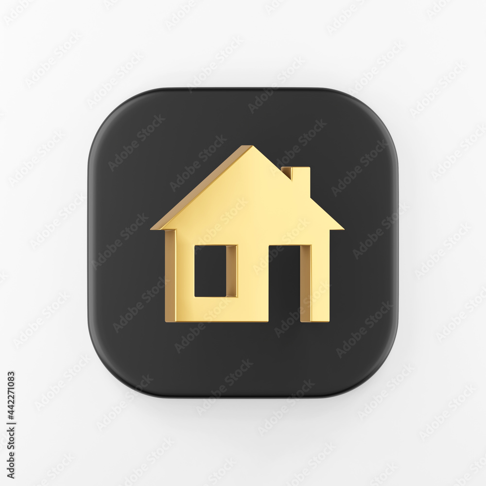 Poster golden flat house icon. 3d rendering black square key button, interface ui ux element.