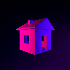 Neon house icon. 3d rendering ui ux interface element. Dark glowing symbol.