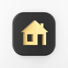 Obraz premium Golden flat house icon. 3d rendering black square key button, interface ui ux element.