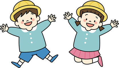 ジャンプするスモック姿の幼稚園児のイラスト（主線あり）