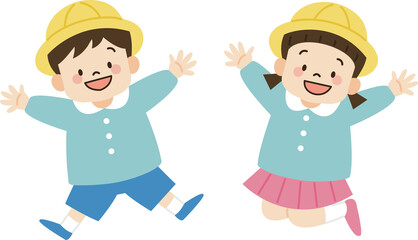 ジャンプするスモック姿の幼稚園児のイラスト（主線なし）