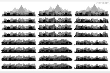 Collection of city landscapes on a light background. City landscape  in black and white.