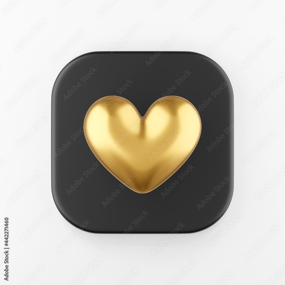 Poster golden realistic heart icon. 3d rendering black square key button, interface ui ux element.