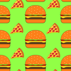Fast food pattern with modern doodle food illustrations. Seamless vector background, burgers with cheese and cutlets, slices of pepperoni pizza on a green  background