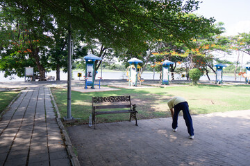 Asian man exercise in the park.
