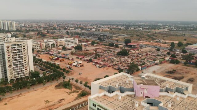 Travelling front, drone, Centrality of Zango, Luanda, Angola, Africa, Contrasts, Musseque versus new centrality