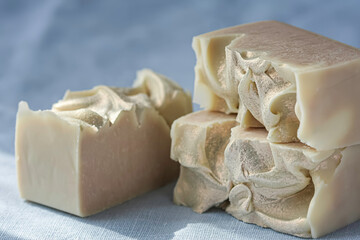 Handcrafted castille soap. Olive Oil Soap. Made with extra virgin olive oil displayed. Homemade toxic-free natural organic cosmetic.