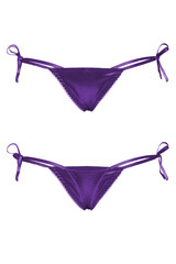 Detail shot of violet silk panties with little bow. Sexy side tie panties are isolated on the white background. Front and back views.  