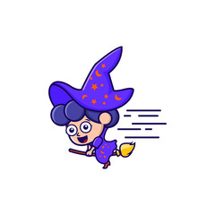 t shirt design with cute witch cartoon vector isolated on purple background