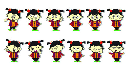 cute chinese girl stickers emoticon vector design