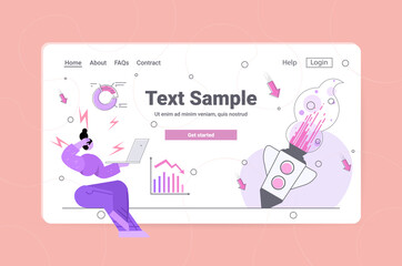 shocked businesswoman using laptop falling down rocket company startup failure unsuccessful launch failed project