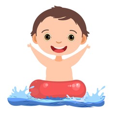 Boy is having fun. Waves of water river, sea or ocean. Swimming, diving and water sports. Pool. Isolated on white background. Illustration in cartoon style. Flat design. Vector art