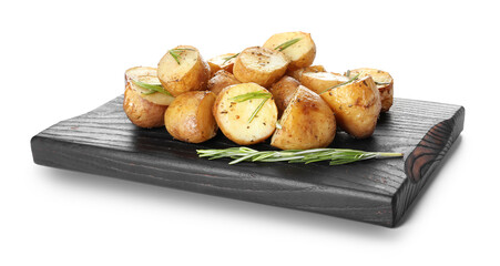 Board with baked potatoes on white background