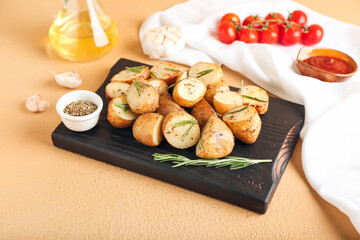 Board with baked potatoes on color background