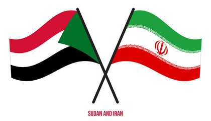 Sudan and Iran Flags Crossed And Waving Flat Style. Official Proportion. Correct Colors.