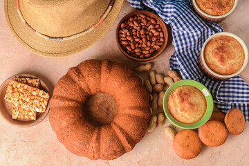 Traditional food for Festa Junina (June Festival) on color background