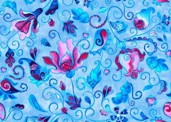 Fototapeta premium Paisley watercolor floral pattern tile: flowers, flores, tulips, leaves. Oriental indian traditional hand painted water color whimsical seamless print, ceramic design. Abstract india batik background