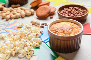 Traditional food for Festa Junina (June Festival) with decor on grunge background