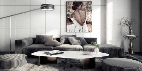 Modern Sitting Group & Decorative Art Presentaion - panormic black and white 3D Visualization