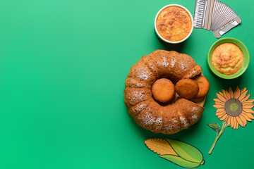 Traditional food for Festa Junina (June Festival) with symbols on color background