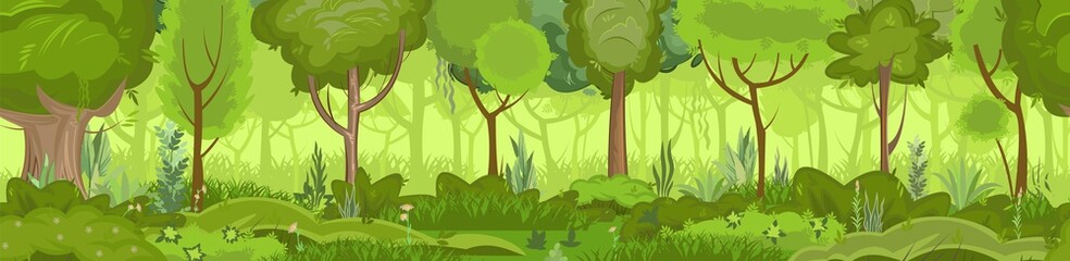 Summer forest landscape. Nature illustration. Dense foliage, shrubs and a clearing at the edge. Light foggy thickets. View of green trees. Cartoon flat style. Seamless composition. Vector