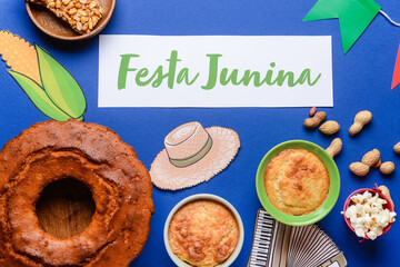 Traditional food for Festa Junina (June Festival) with symbols on color background