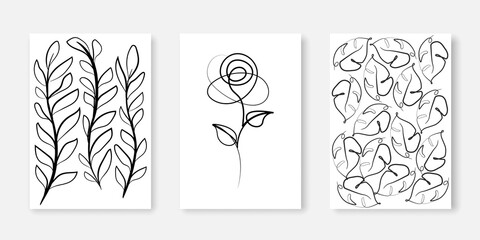 Flowers and Leaves Prints Set Vector Hand Drawn Line Art Drawing. Minimalist Trendy Contemporary Floral Design Perfect for Wall Art, Prints, Social Media, Posters, Invitations, Branding Design.