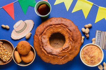 Traditional food for Festa Junina (June Festival) with symbols on color background
