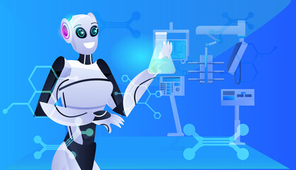 robot holding test tube with liquid robotic chemist making experiments in lab genetic engineering artificial intelligence