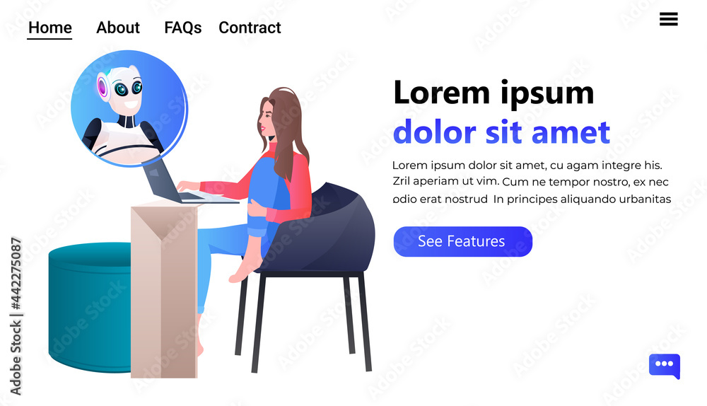Poster woman discussing with chatbot robot artificial intelligence technology concept full length horizonta