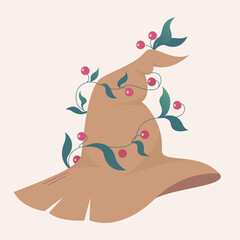 Cap, hat of the forest witch. Attribute for witchcraft or costume to celebrate Halloween. Cute symbol of magic. Decoration with berries and leaves.