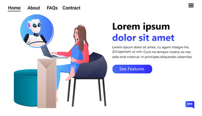 woman discussing with chatbot robot artificial intelligence technology concept full length horizontal