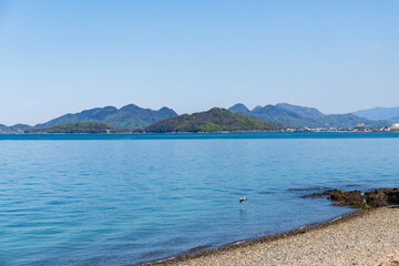 Fototapeta na wymiar Landscape of coast and islands in the seto inland sea , view from shonai peninsula , mitoyo city, kagawa, shikoku, japan