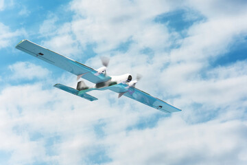 Unmanned aerial vehicle flight motion blur effect in the cloudy sky.
