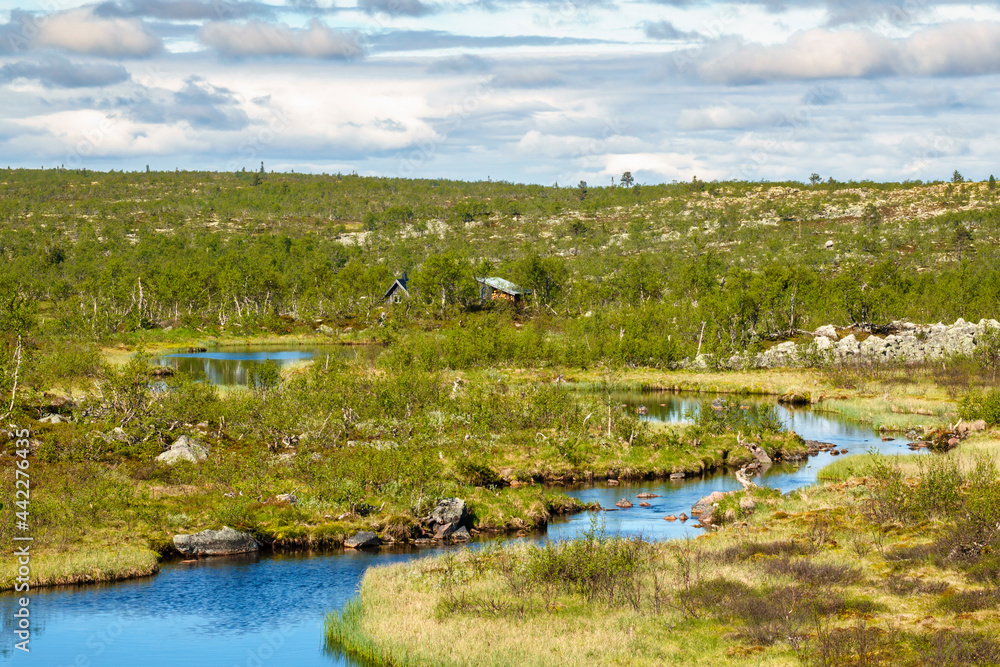 Canvas Prints Meandering river and a mountain hut in the north wilderness