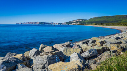 View on a sunny day from Cap des Rosiers on Forillon National Park and Gaspé cape in Gaspesie, Quebec (Canada)