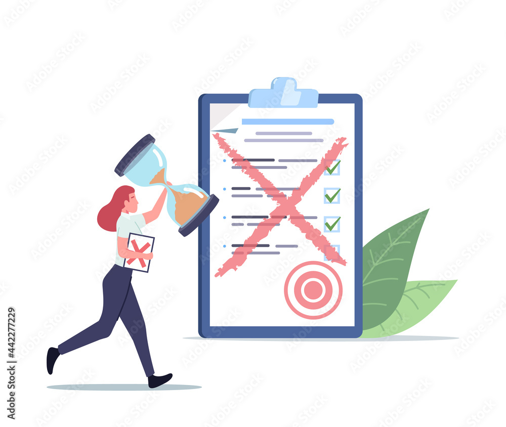 Poster tiny female character run with huge sandglass and paper document with red cross. office employee nee