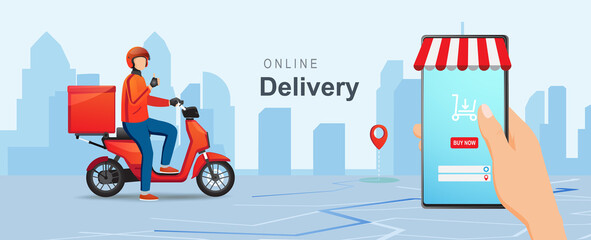 Mobile online food delivery concept. Delivery package with electric scooter. Online order tracking with online maps. Vector illustration