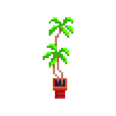 Plant in the pot, indoor palm tree pixel art icon, isolated vector illustration. Interior detail. Game assets. 8-bit.