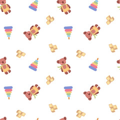 Seamless pattern with children's toys. Teddy bear, cubes and pyramid for small children. Vector endless texture on a white background