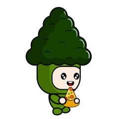 vector cartoon mascot character mascot costume vegetables broccoli eating triangle pizza