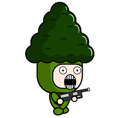 vector cartoon mascot character of broccoli vegetable costume holding a gun