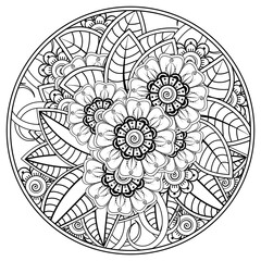 Fototapeta premium Mehndi flower for henna, mehndi, tattoo, decoration. decorative ornament in ethnic oriental style. doodle ornament. coloring book page.