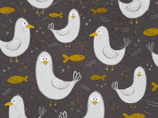 Pattern of funny birds, fish and more on a dark background. Designs for clothing, fabric and other items