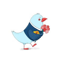 Funny seagull with flowers and a gift drawn in cartoon style. Congratulations concept, greeting card.