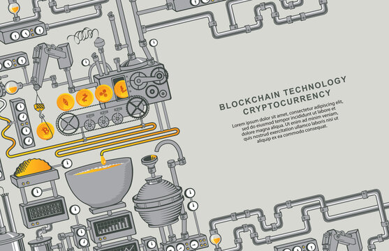 Bitcoin Production Concept. Factory Conveyor Of Crypto Currency Mining. Blockchain Technology. Graphic Vector Illustration With Industrial Equipment And Place For Text. Digital Money And E-commerce